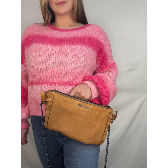 Women's Authentic Miu Miu Tan Leather Clutch Chain Crossbody Bag Metal Braided - Picture 11 of 11